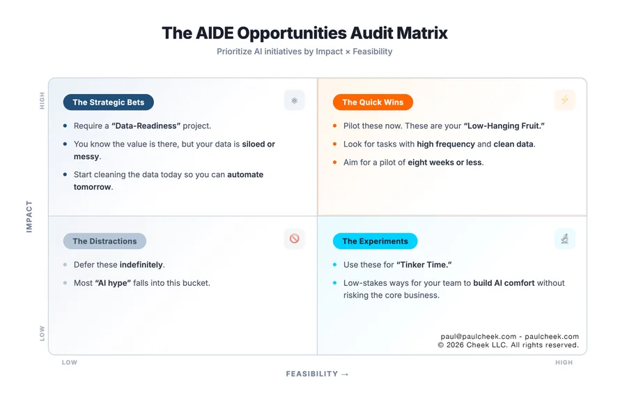 AIDE Opportunities Audit Matrix — framework diagram from No One Works Here